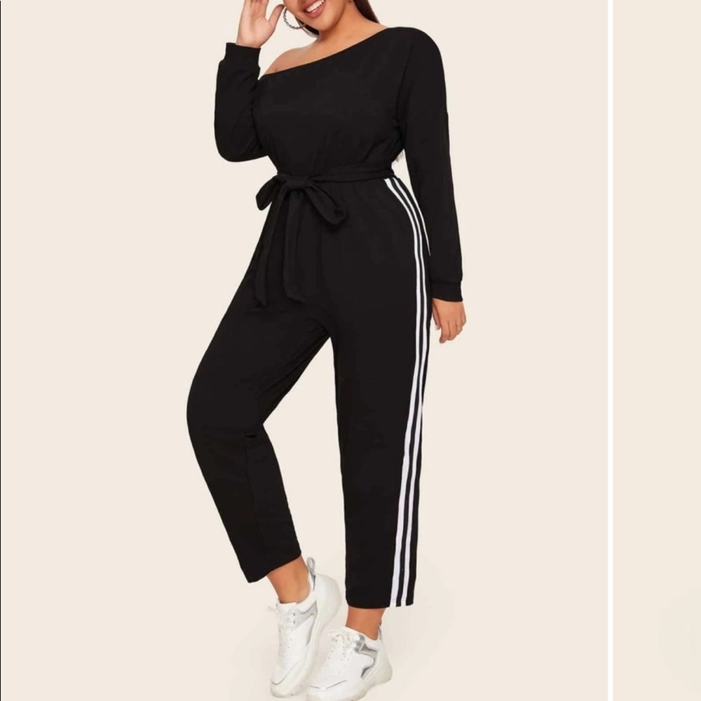 Stripped side belted jumpsuit